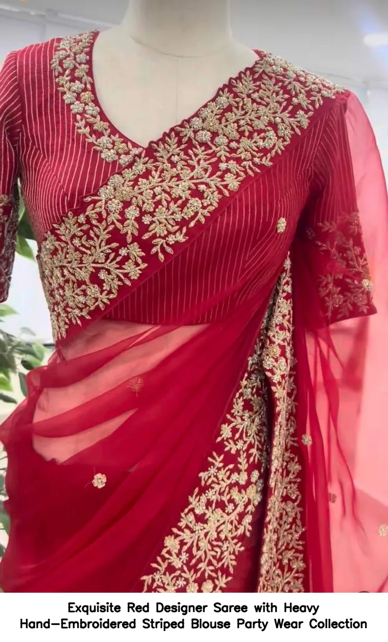Exquisite Red Designer Saree with Heavy Hand-Embroidered Striped Blouse – Party Wear Collection 5