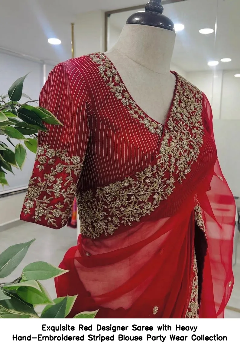 Exquisite Red Designer Saree with Heavy Hand-Embroidered Striped Blouse – Party Wear Collection 6