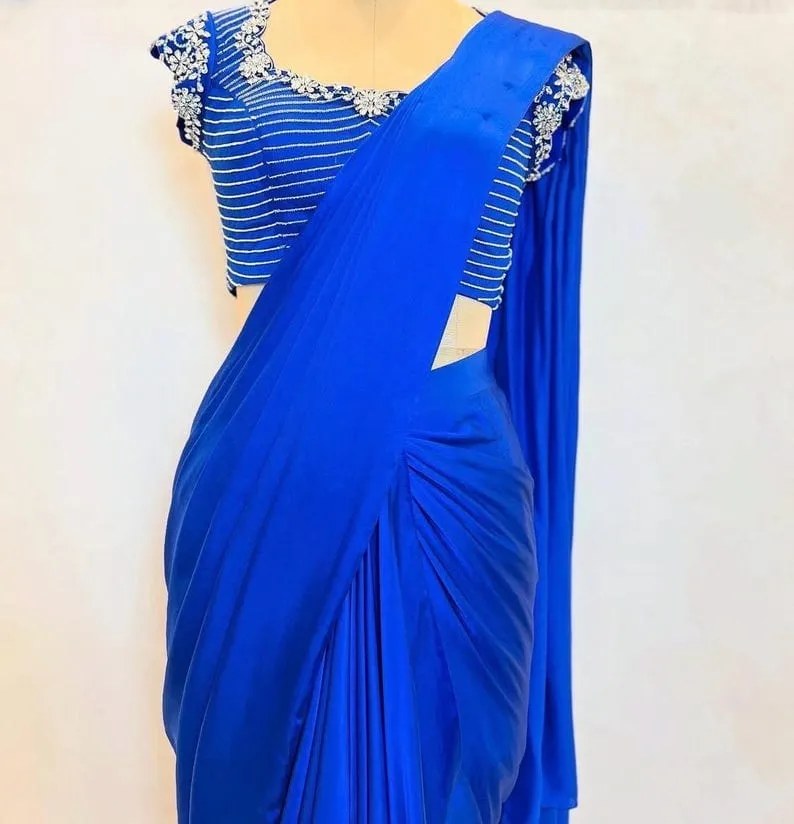 Exquisite Royal Blue Party Wear Saree – Premium Satin Drape with Hand-Embellished Blouse