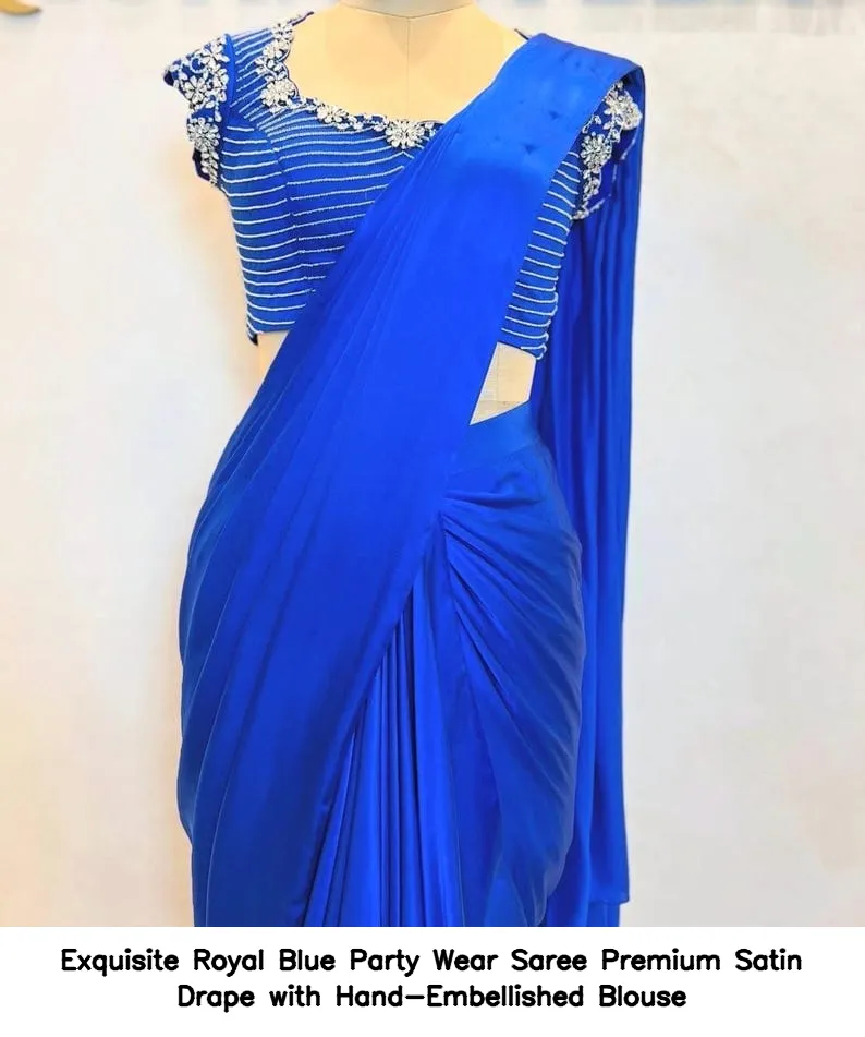 Exquisite Royal Blue Party Wear Saree – Premium Satin Drape with Hand-Embellished Blouse 2