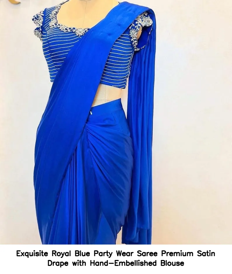 Exquisite Royal Blue Party Wear Saree – Premium Satin Drape with Hand-Embellished Blouse 3
