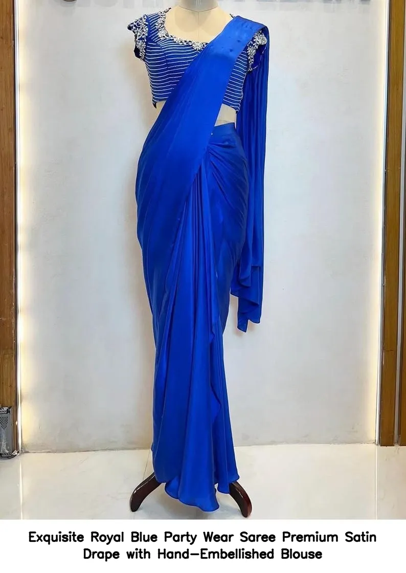 Exquisite Royal Blue Party Wear Saree – Premium Satin Drape with Hand-Embellished Blouse 4