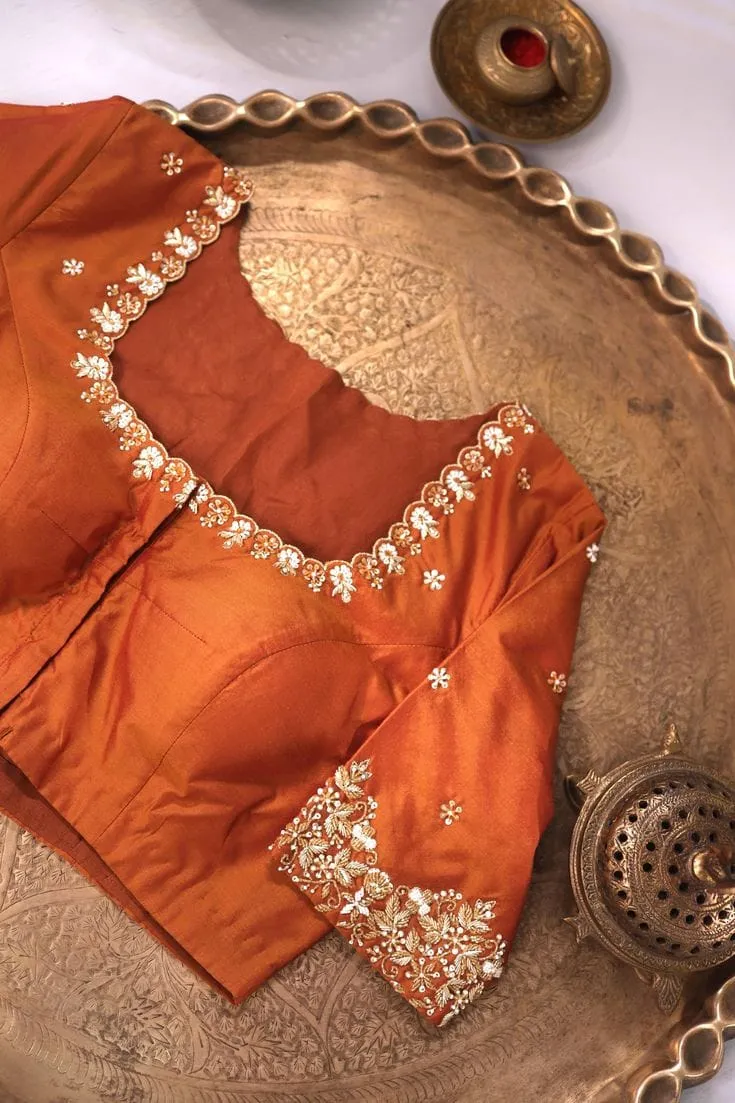 Exquisite Rust Orange Silk Designer Blouse with Intricate Hand-Embroidered Floral Detailing