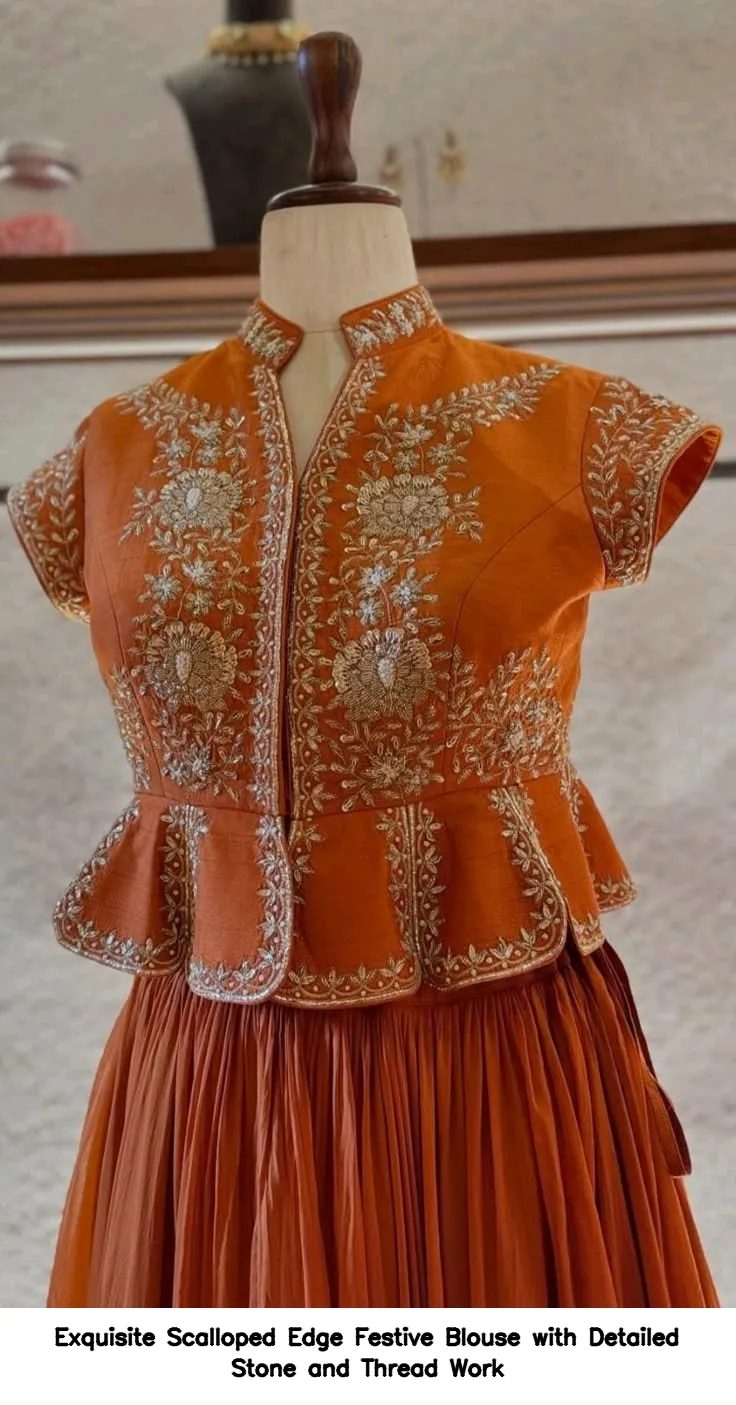 Exquisite Scalloped Edge Festive Blouse with Detailed Stone and Thread Work 2