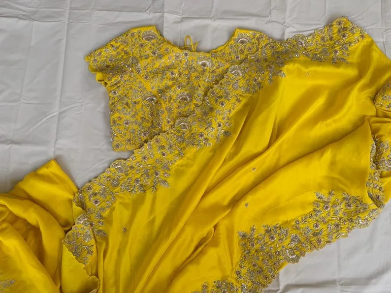 Exquisite Yellow Party Wear Saree Set with Heavily Embroidered Blouse Design