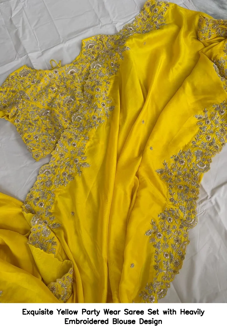 Exquisite Yellow Party Wear Saree Set with Heavily Embroidered Blouse Design 2