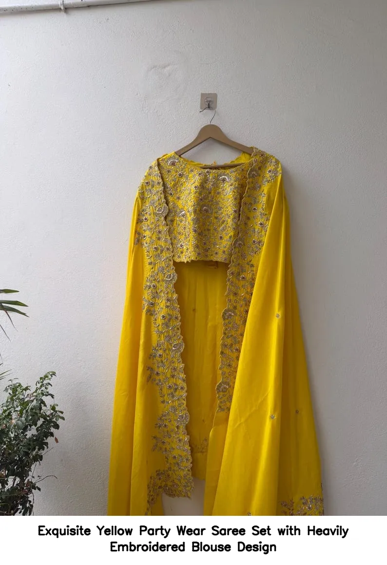 Exquisite Yellow Party Wear Saree Set with Heavily Embroidered Blouse Design 4