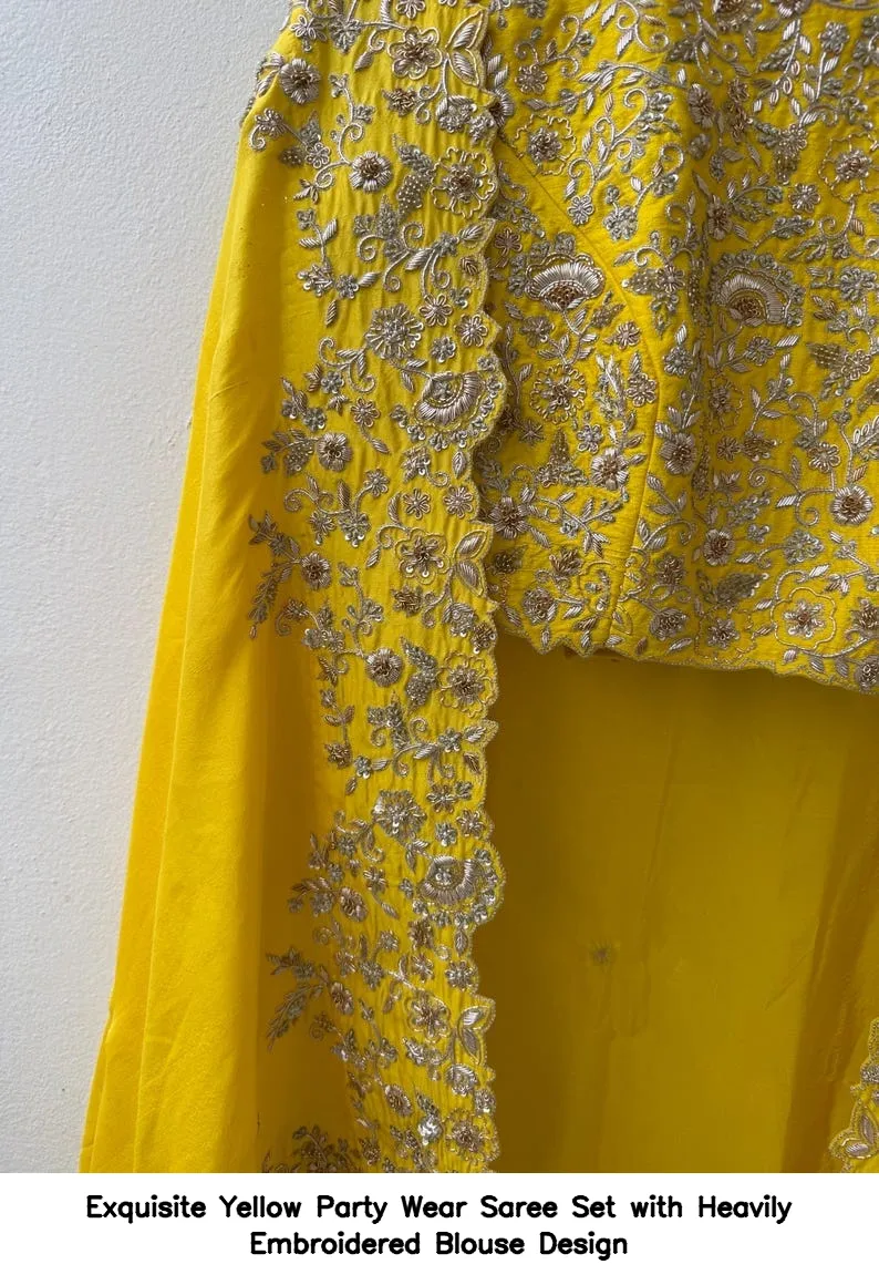Exquisite Yellow Party Wear Saree Set with Heavily Embroidered Blouse Design 5
