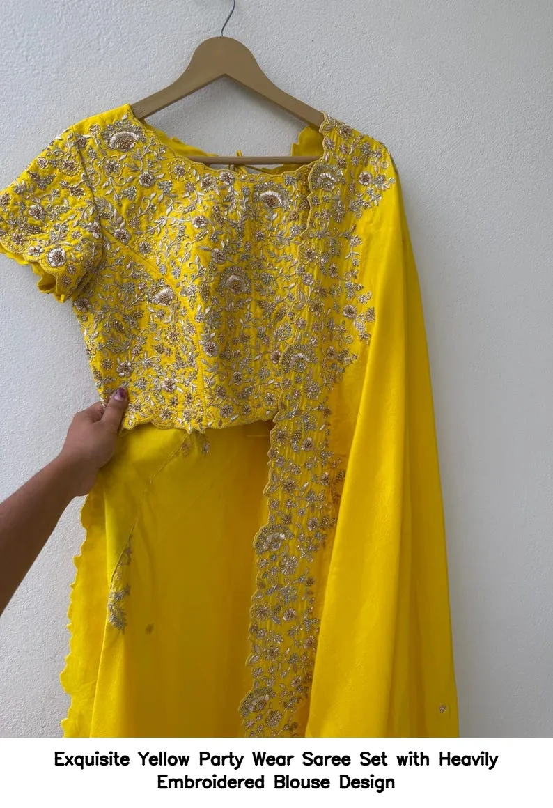 Exquisite Yellow Party Wear Saree Set with Heavily Embroidered Blouse Design 6