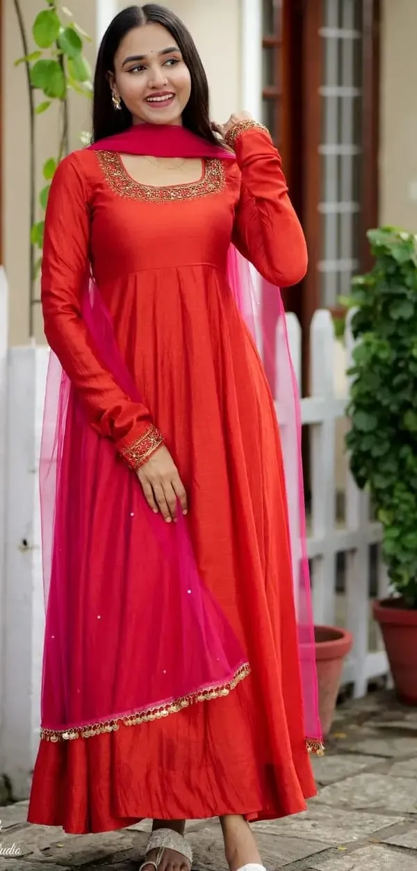 Festive Red Anarkali Suit with Hand-Embroidered Aari Work Neckline 1