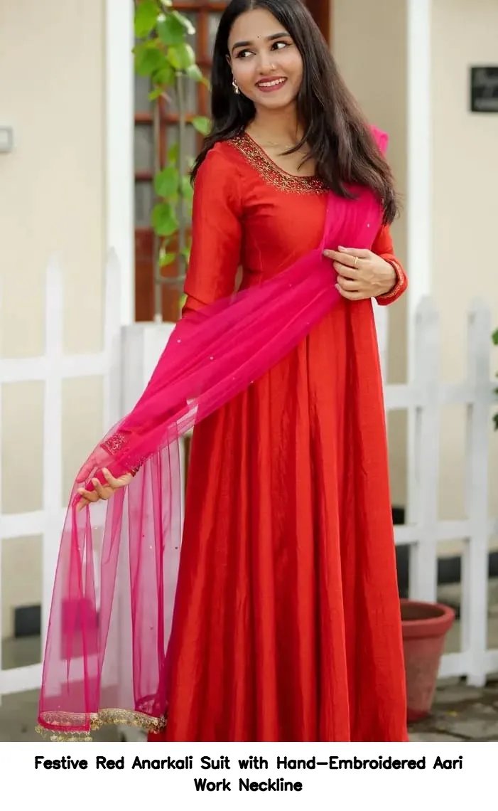 Festive Red Anarkali Suit with Hand-Embroidered Aari Work Neckline 2