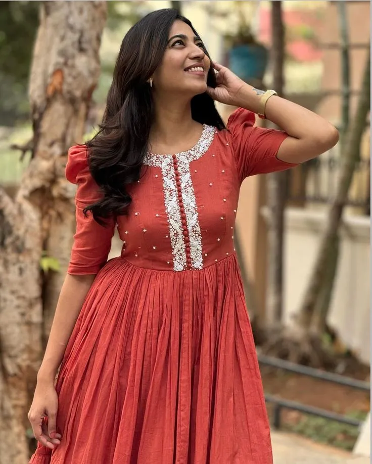 Festive Rust Red Embroidered Midi Dress for Women | Traditional Craftsmanship