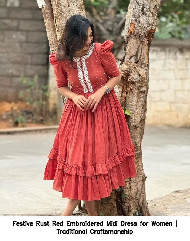 Festive Rust Red Embroidered Midi Dress for Women | Traditional Craftsmanship 2