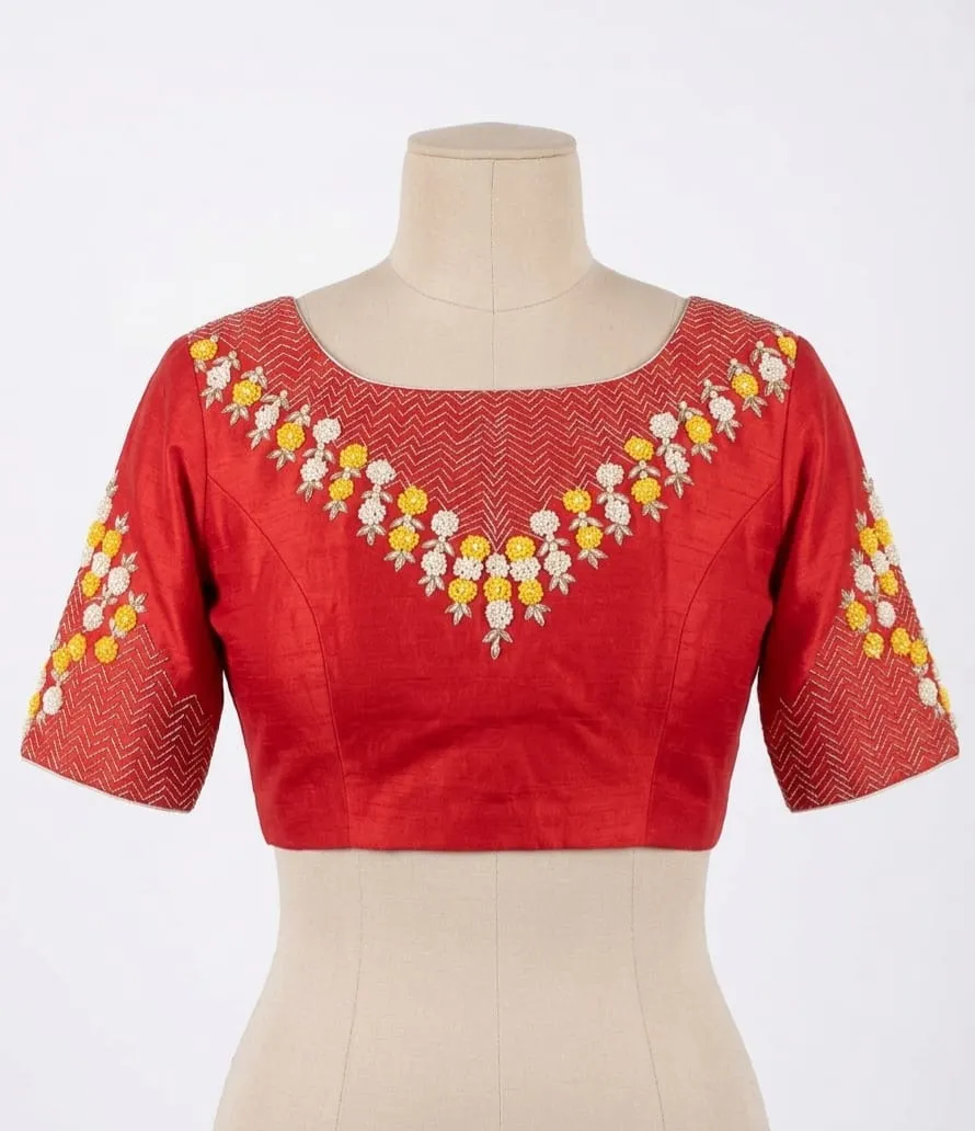 Floral Embroidered Red Raw Silk Saree Blouse | Boat Neck Readymade Blouse with Fabric Buttons