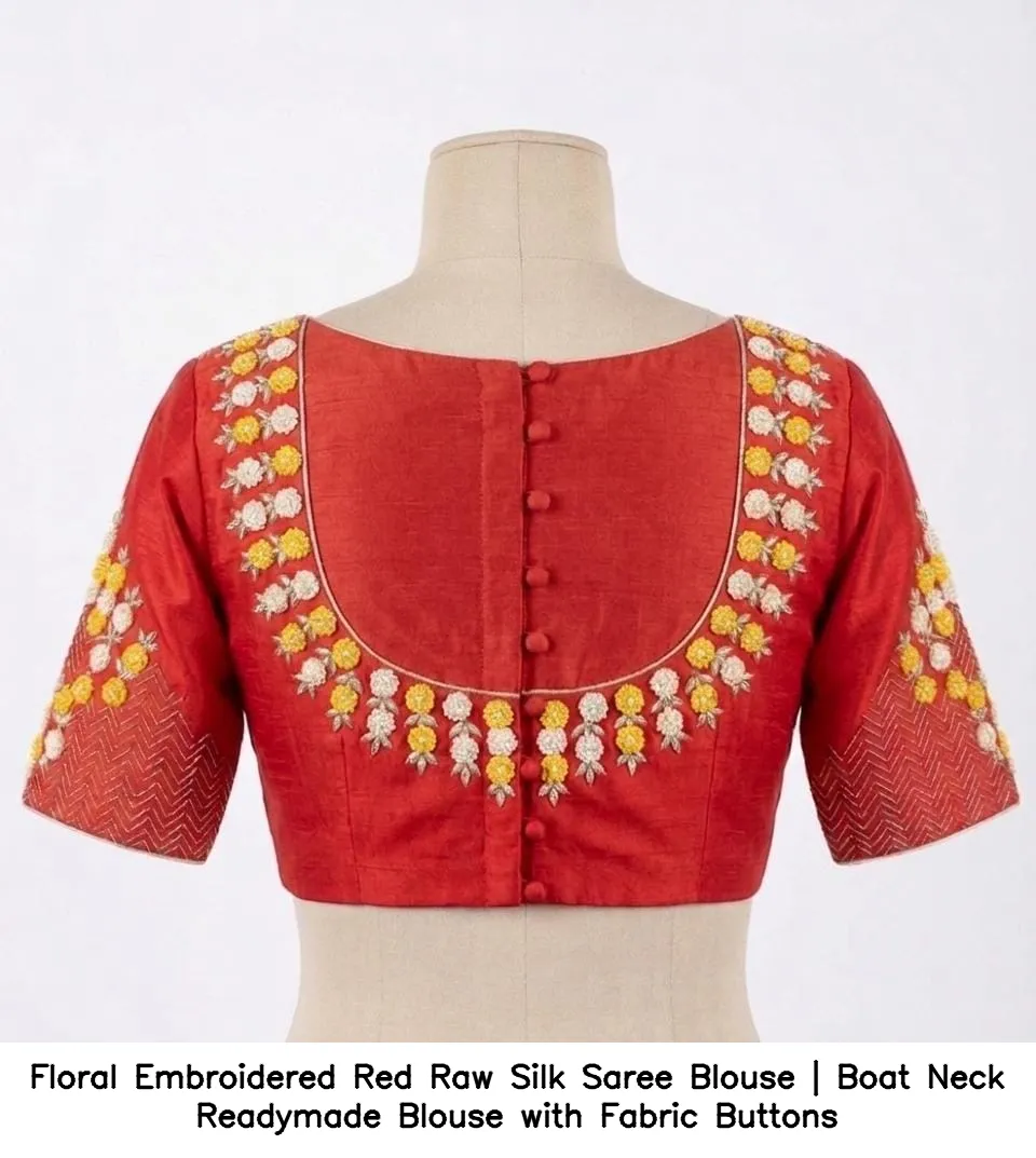 Floral Embroidered Red Raw Silk Saree Blouse | Boat Neck Readymade Blouse with Fabric Buttons 2