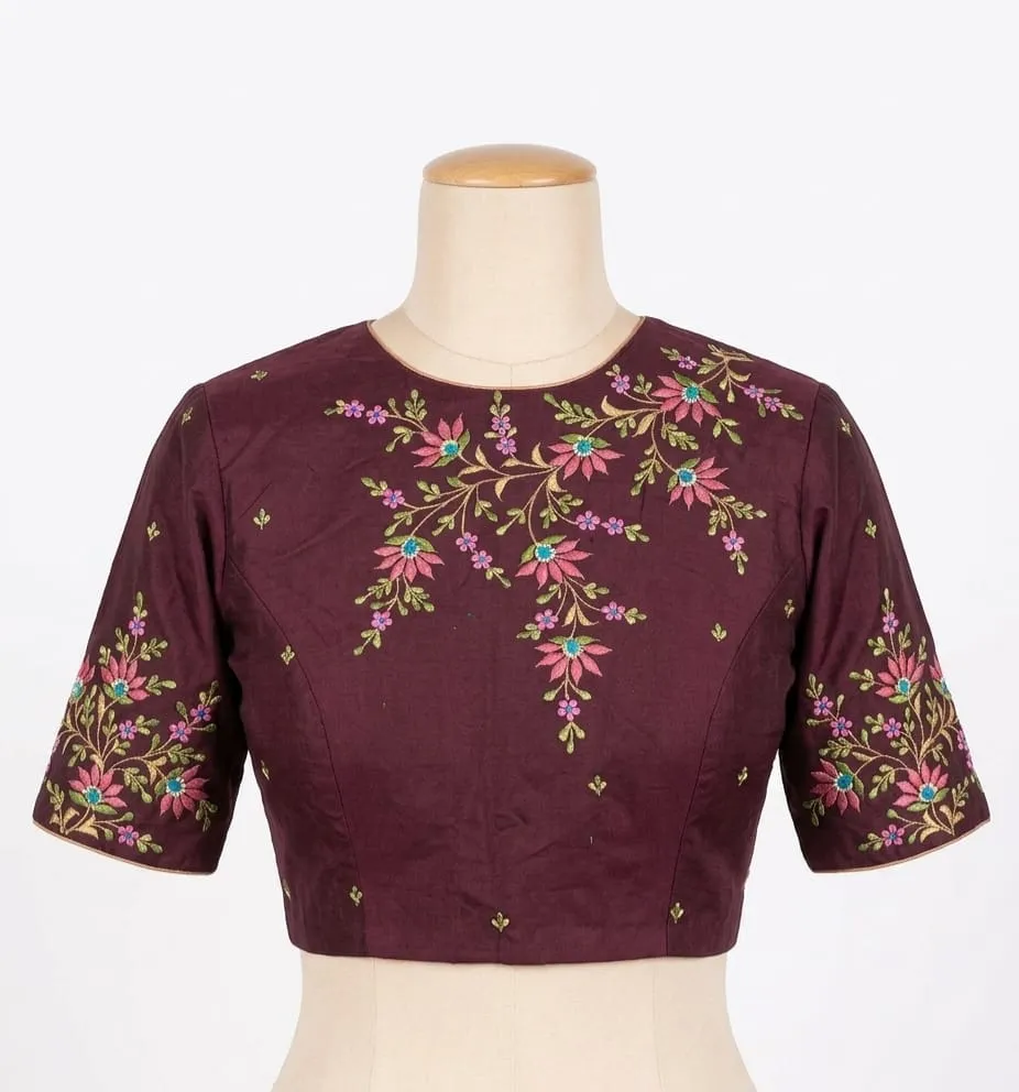 Floral Hand Embroidered Raw Silk Saree Blouse | Boat Neck Readymade Blouse with Back Zipper