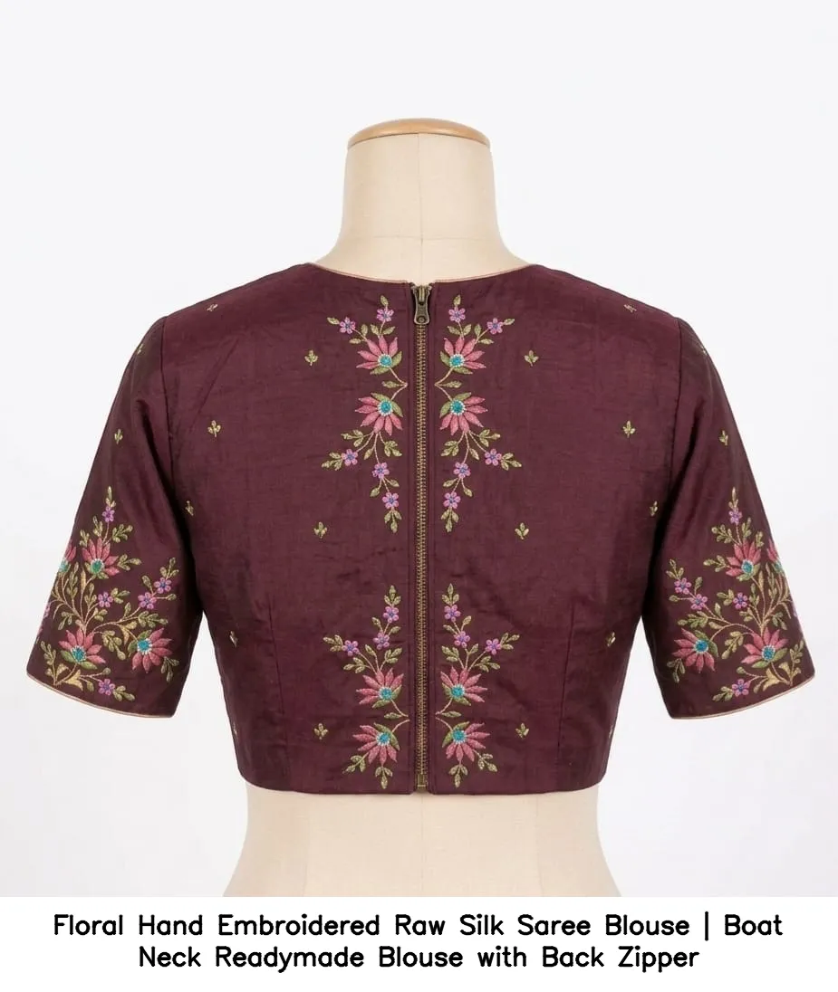 Floral Hand Embroidered Raw Silk Saree Blouse | Boat Neck Readymade Blouse with Back Zipper 2