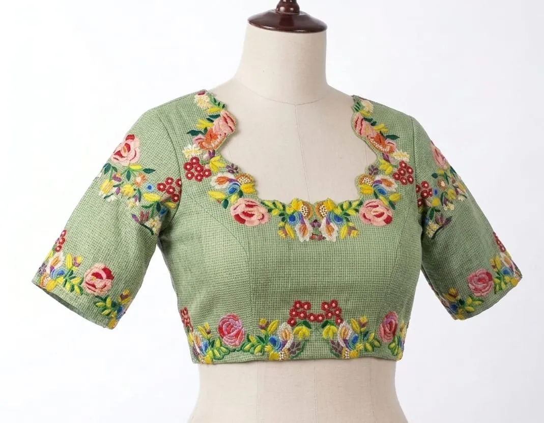Floral Thread Work Cotton Saree Blouse | Elegant Scalloped Neck Readymade Designer Crop Top