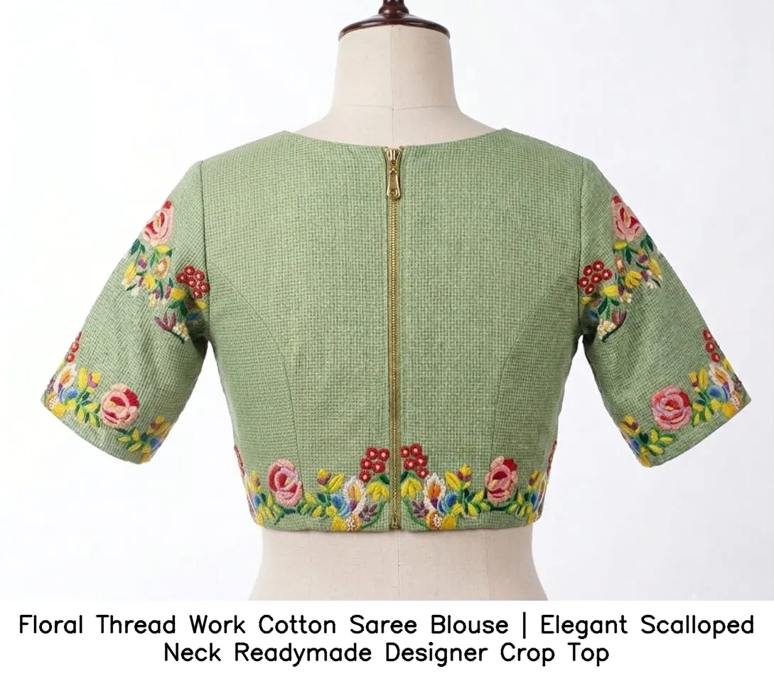 Floral Thread Work Cotton Saree Blouse | Elegant Scalloped Neck Readymade Designer Crop Top 2