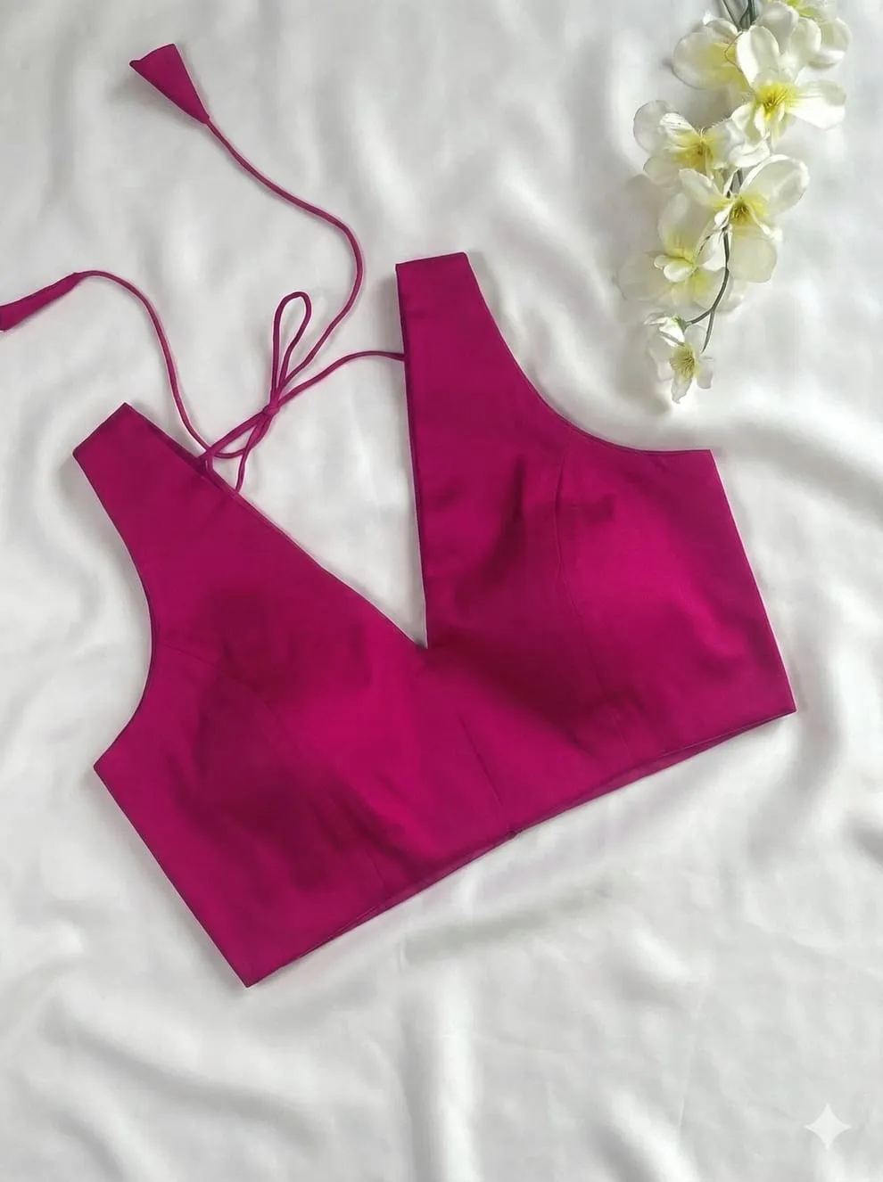 Fuchsia Pink Raw Silk V-Neck Sleeveless Blouse – Premium Readymade Saree Blouse 1