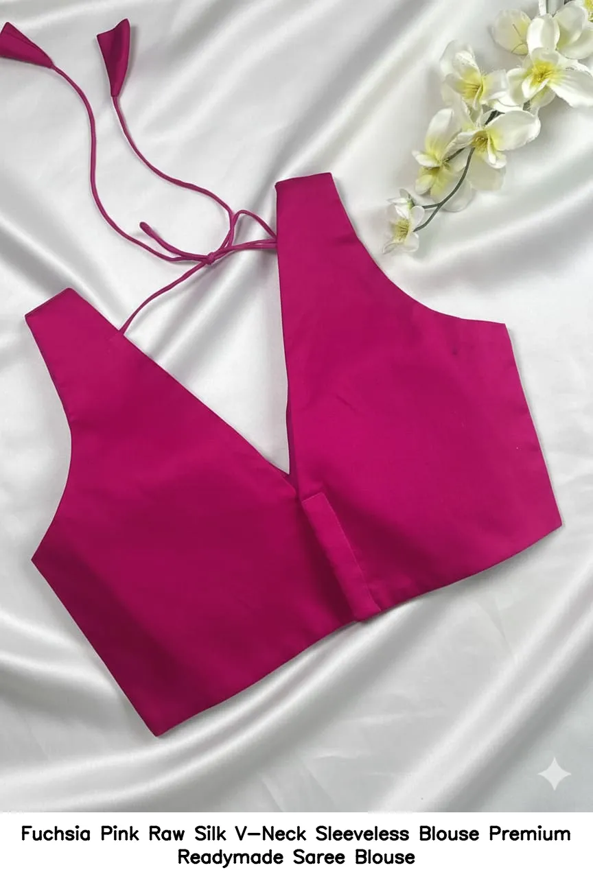 Fuchsia Pink Raw Silk V-Neck Sleeveless Blouse – Premium Readymade Saree Blouse 2