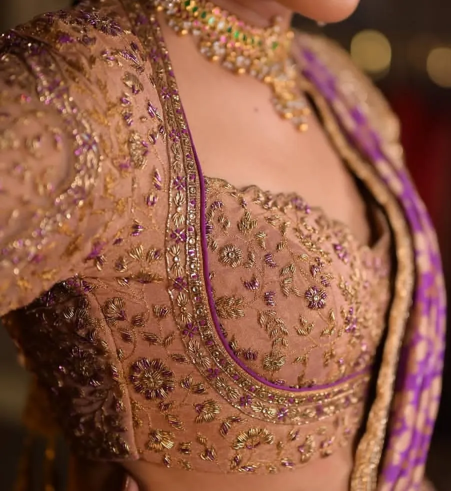 Gold Sheer Net Bridal Saree Blouse – High Neck Cutout Back Full Sleeve Choli 1