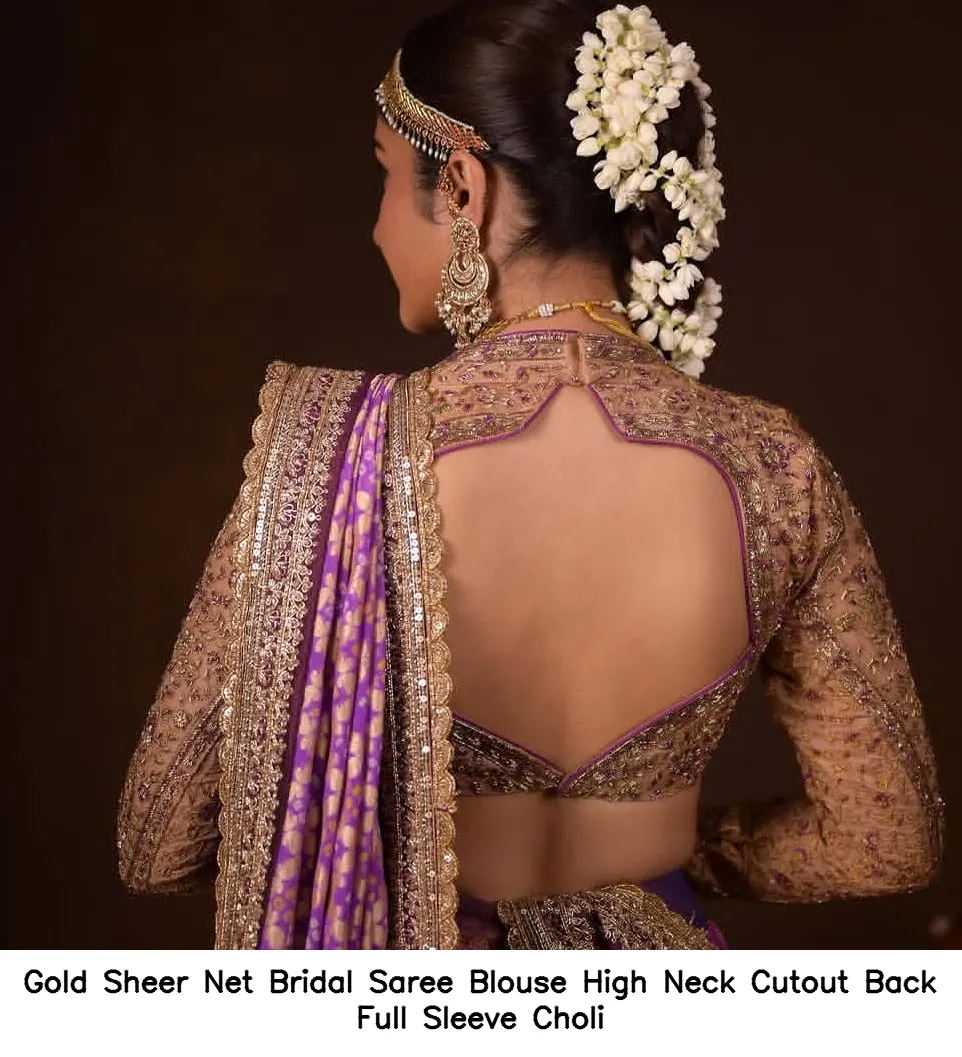 Gold Sheer Net Bridal Saree Blouse – High Neck Cutout Back Full Sleeve Choli 2