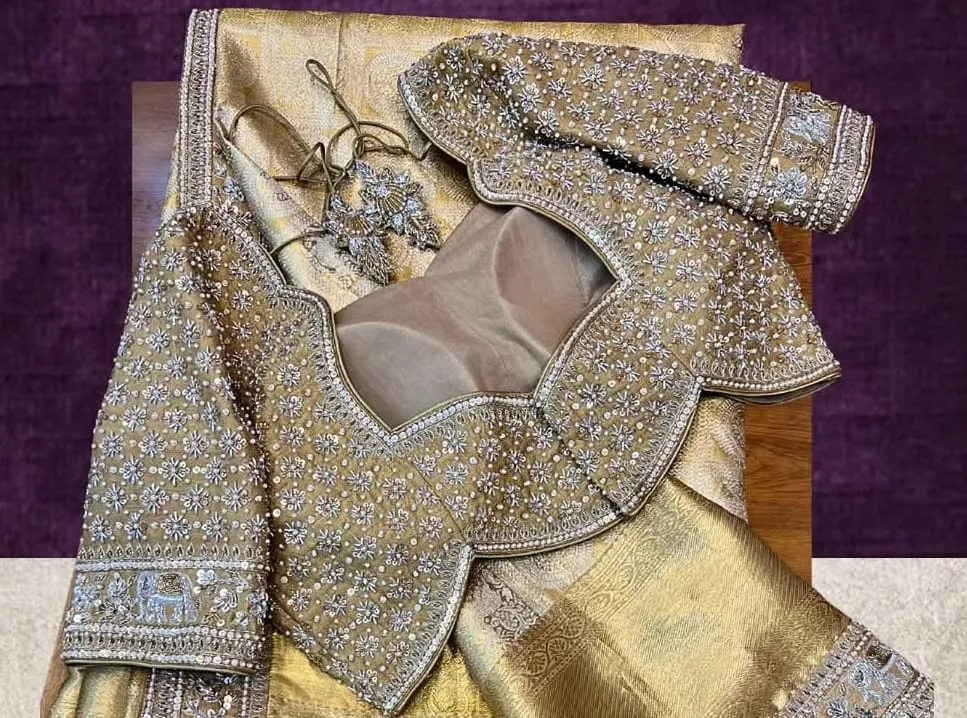 Gold Silk Bridal Saree Blouse – Elephant Motif Heavy Zardosi Sweetheart Choli