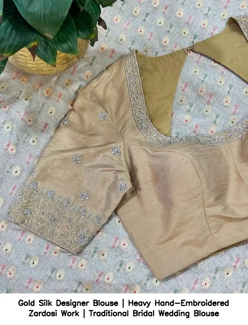 Gold Silk Designer Blouse | Heavy Hand-Embroidered Zardosi Work | Traditional Bridal Wedding Blouse 4