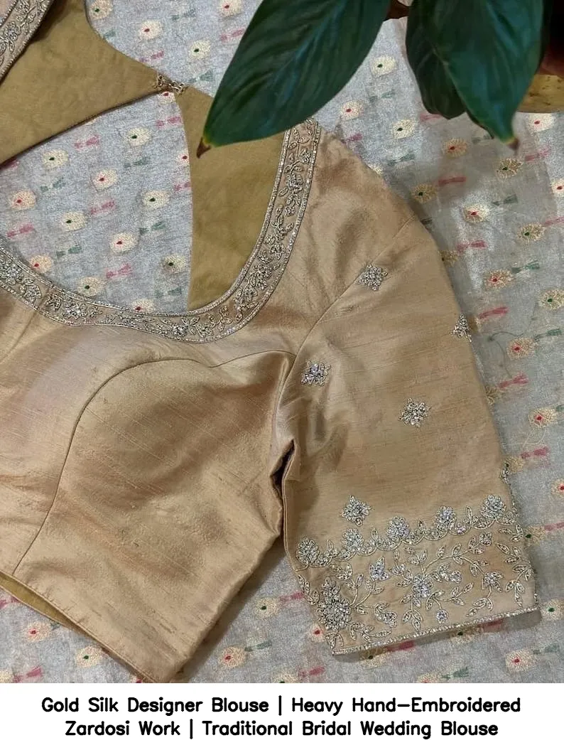 Gold Silk Designer Blouse | Heavy Hand-Embroidered Zardosi Work | Traditional Bridal Wedding Blouse 5