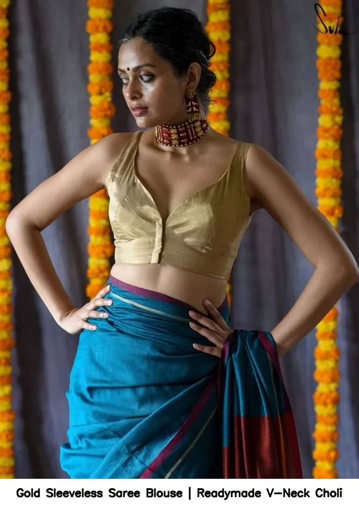 Gold Sleeveless Saree Blouse | Readymade V-Neck Choli 2