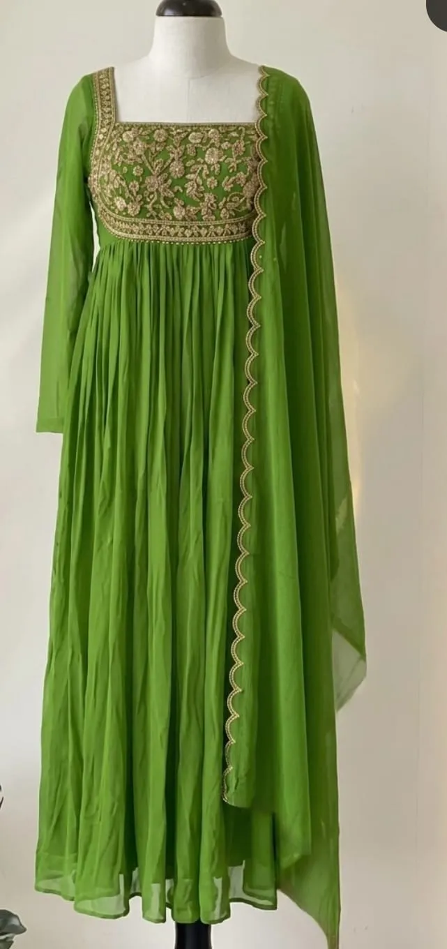 Green Georgette Anarkali Suit Set with Heavy Embroidered Yoke