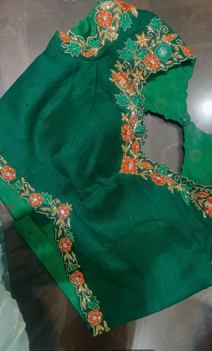 Green Silk Blouse with Floral Hand Embroidery – Festive Wear