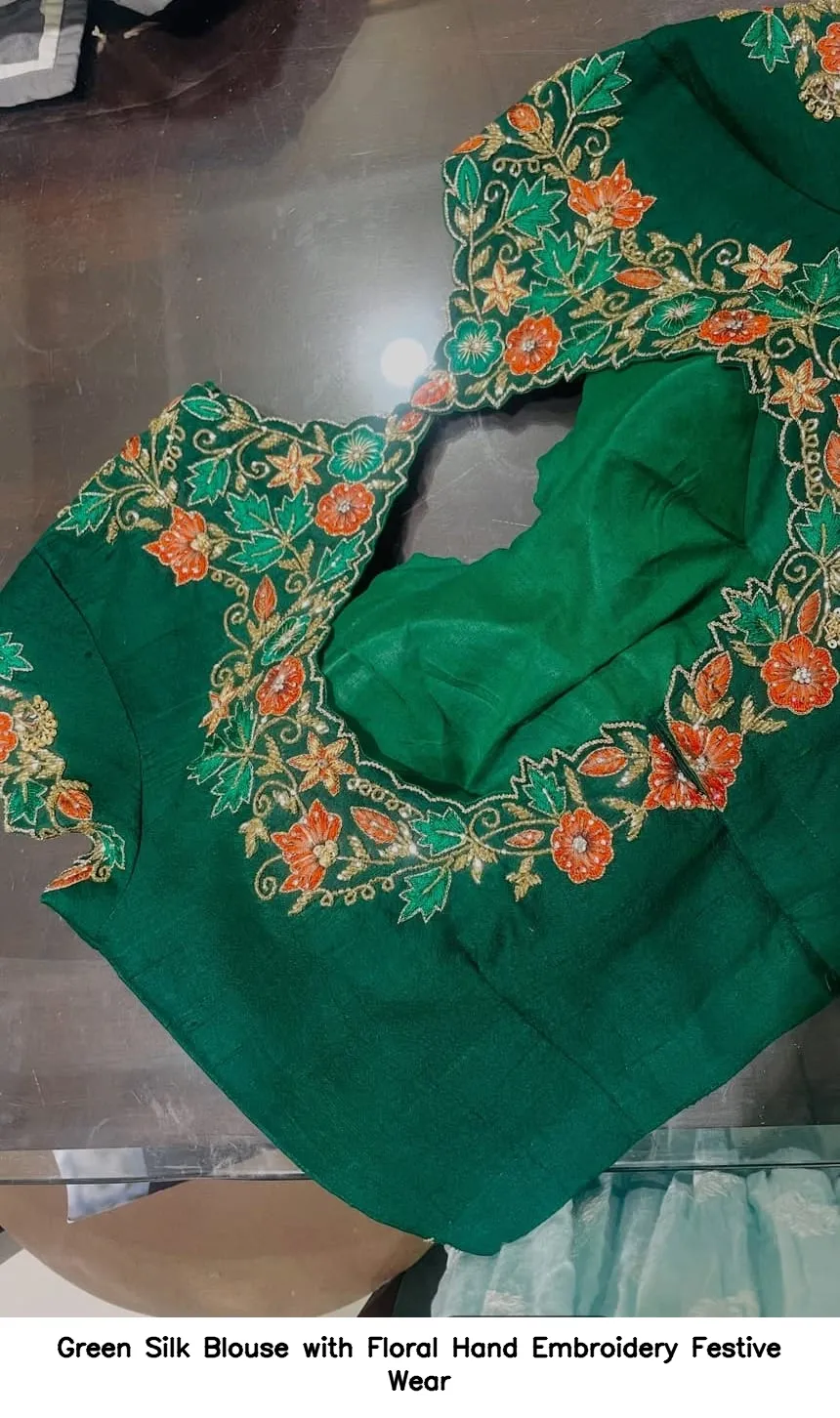 Green Silk Blouse with Floral Hand Embroidery – Festive Wear 2