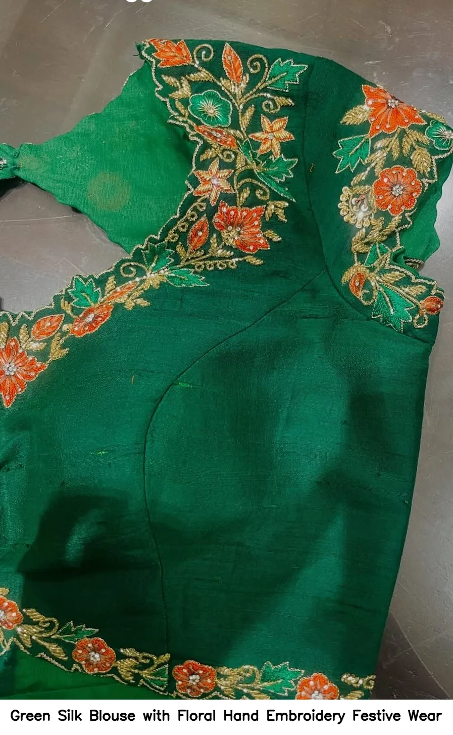 Green Silk Blouse with Floral Hand Embroidery – Festive Wear 3