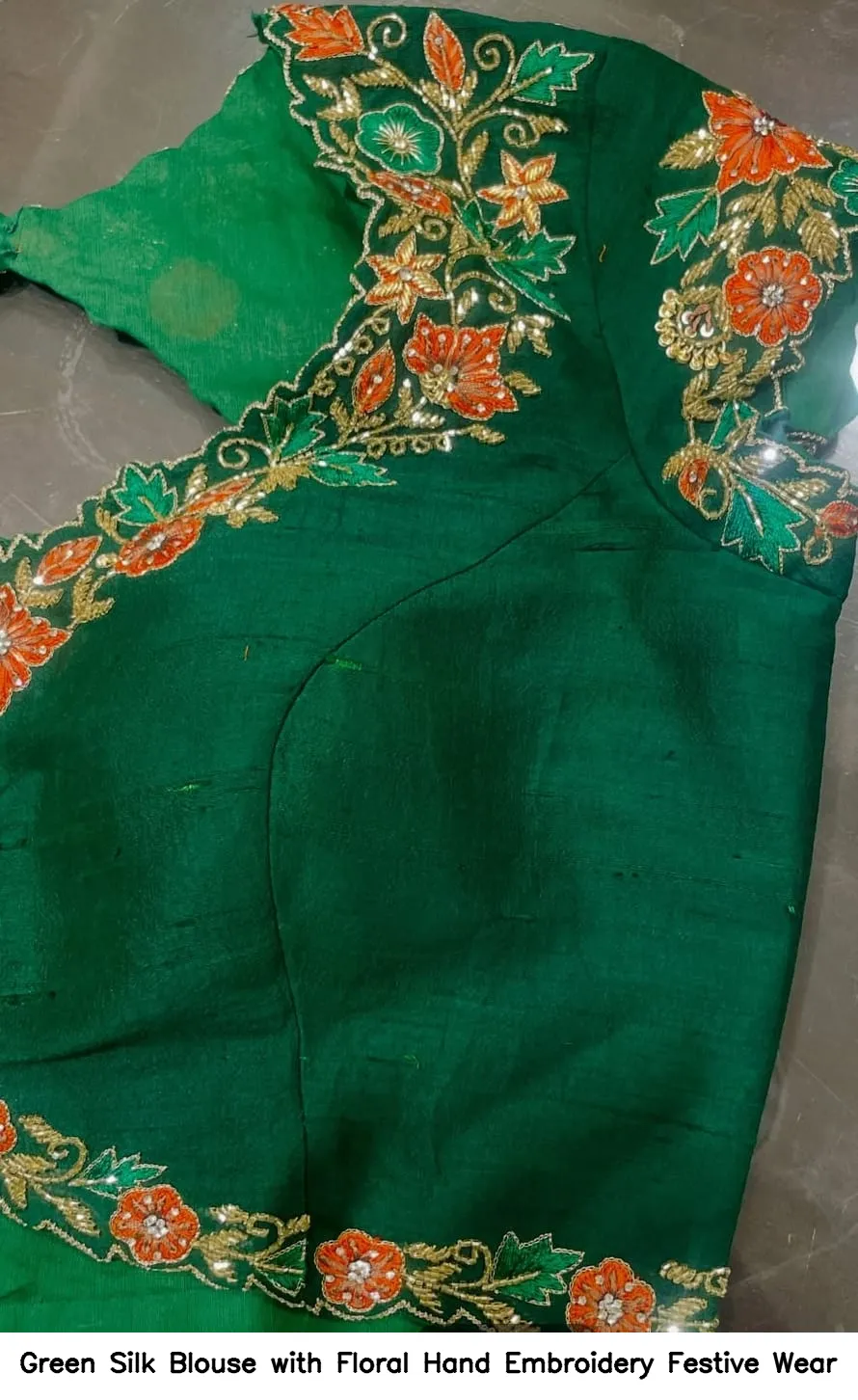 Green Silk Blouse with Floral Hand Embroidery – Festive Wear 4