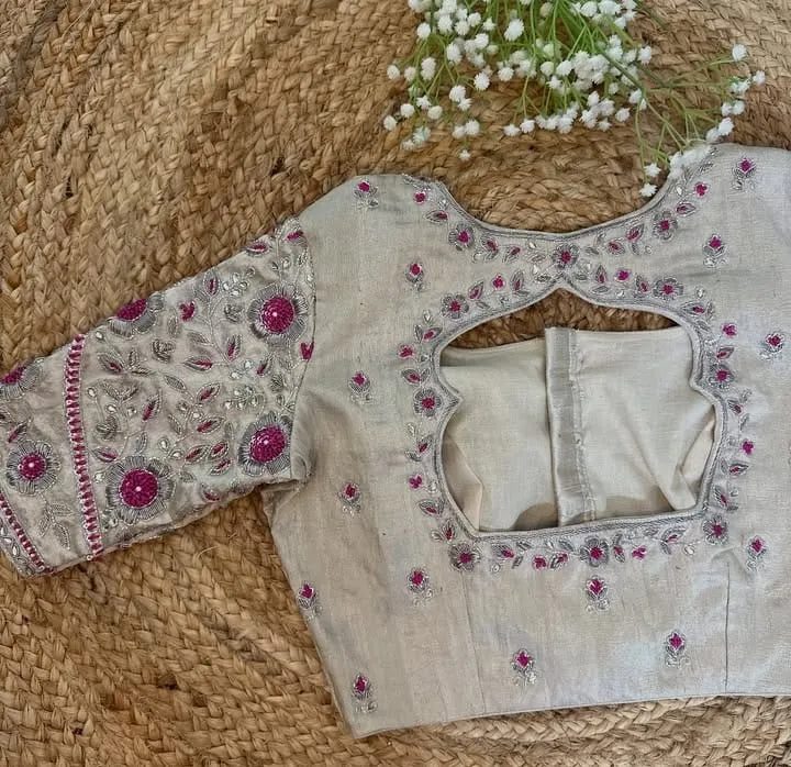 Grey Silk Aari Work Blouse | Heavy Embroidered Silk Blouse for Pink Saree | Bridal Maggam Work Saree Blouse | Diamond Cutwork Back Neck Blouse