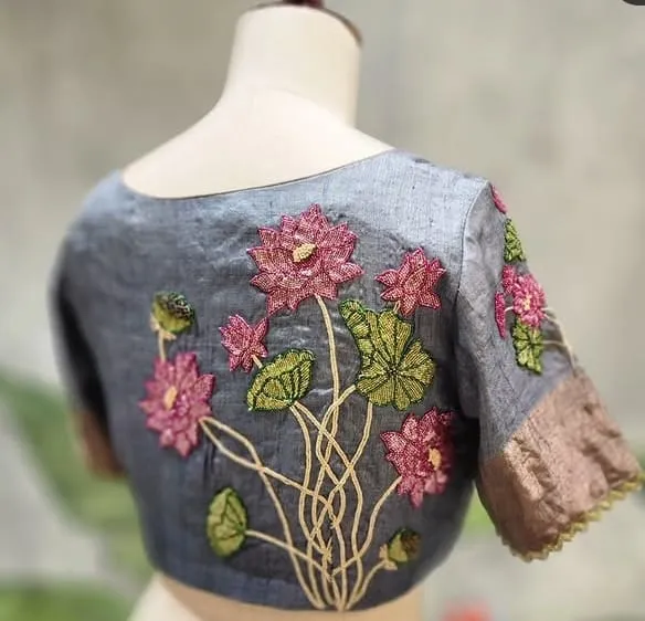 Grey Silk Saree Blouse with Pink Lotus Beaded Embroidery & Tissue Zari Border | Readymade Ethnic Blouse