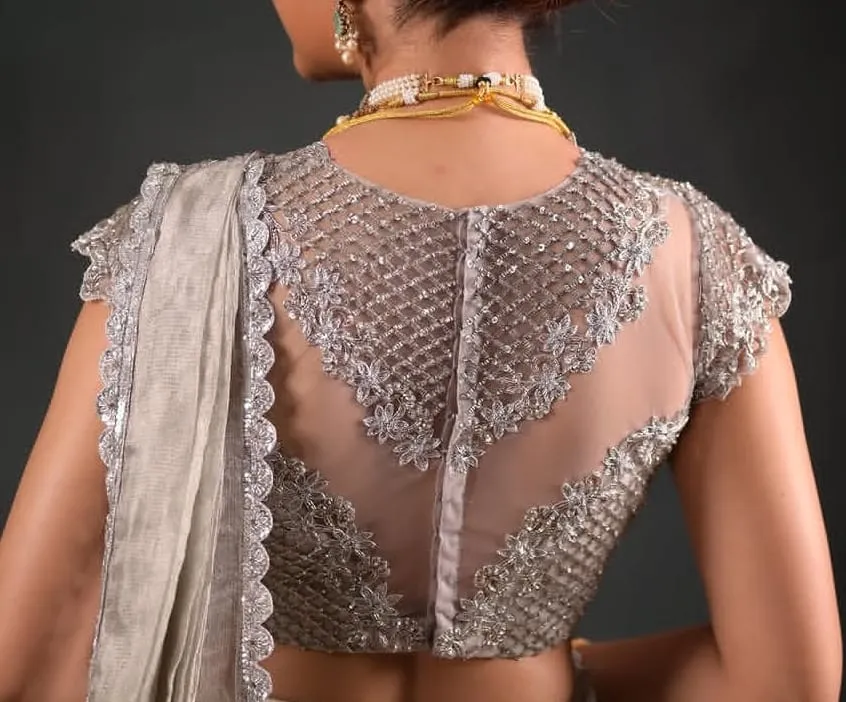 Grey Silver Heavy Embroidered Net Blouse – V-Neck Sheer Back Designer Saree Blouse 1