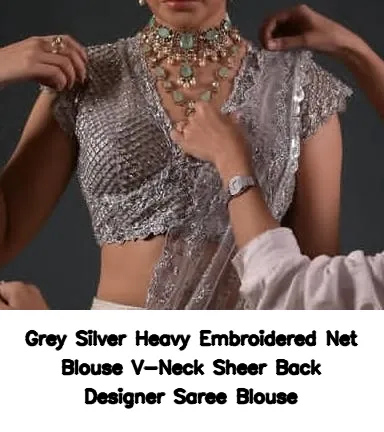 Grey Silver Heavy Embroidered Net Blouse – V-Neck Sheer Back Designer Saree Blouse 2