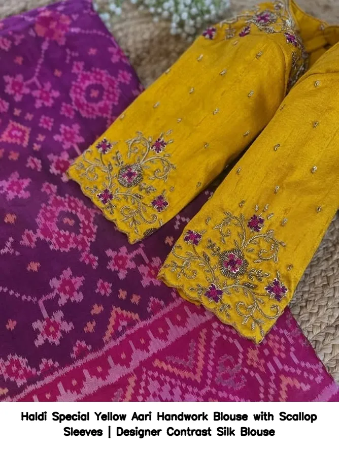 Haldi Special Yellow Aari Handwork Blouse with Scallop Sleeves | Designer Contrast Silk Blouse 2