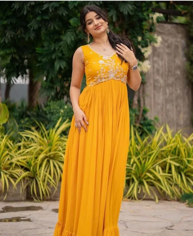 Haldi Special Yellow Handwork Yoke Long Gown, Floral Embroidered Partywear Anarkali Dress, Sleeveless Pleated Indo-Western Maxi Dress