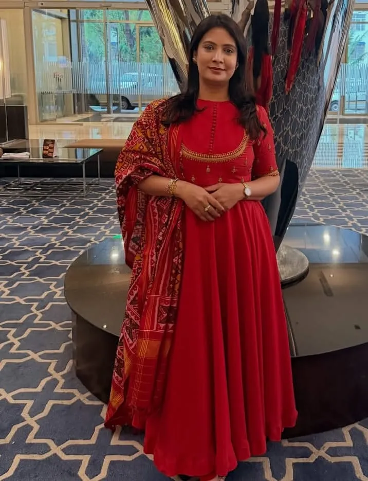 Hand-Embroidered Anarkali with Ikat Dupatta