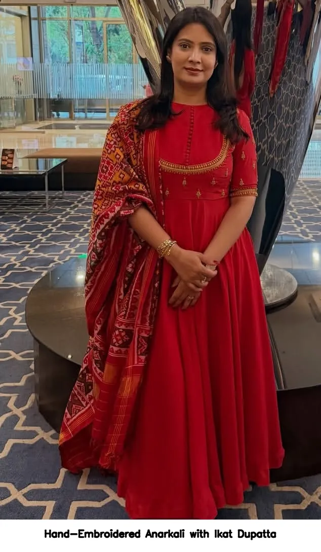 Hand-Embroidered Anarkali with Ikat Dupatta 2