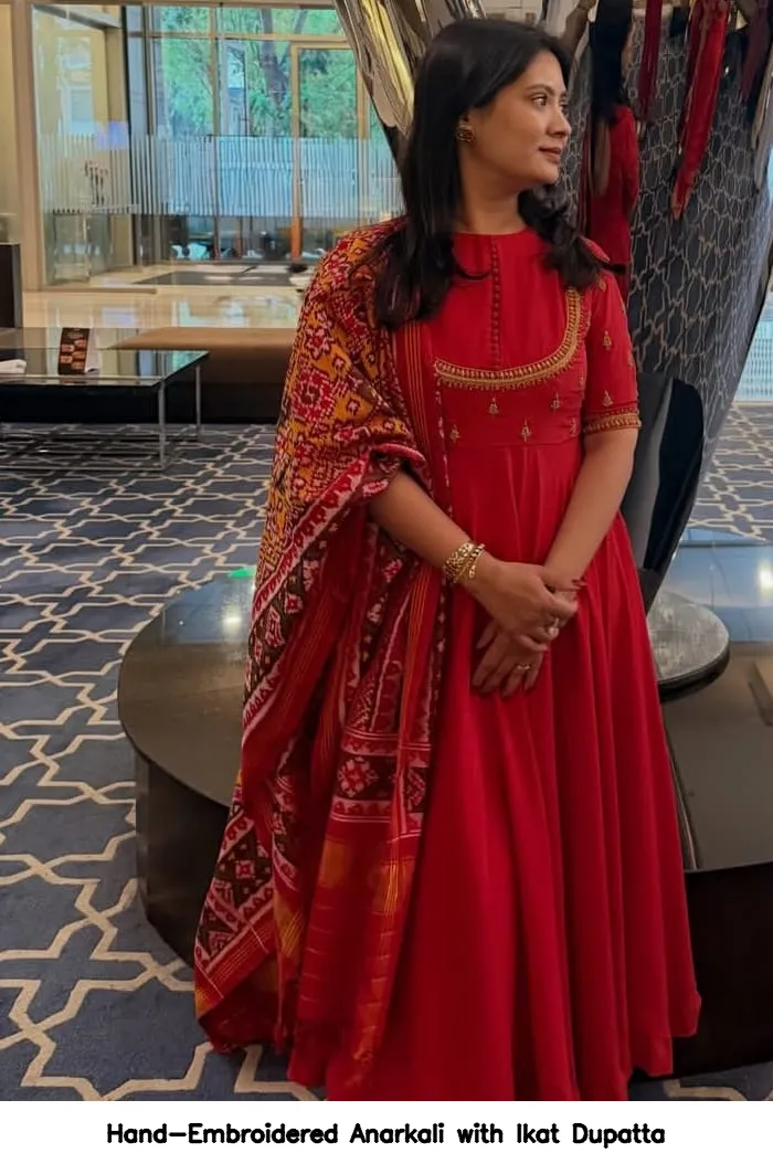Hand-Embroidered Anarkali with Ikat Dupatta 3