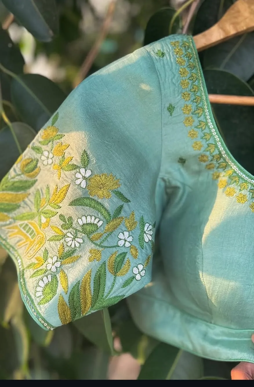 Hand-Embroidered Mint Green Blouse | Designer Elephant & Floral Motif Ethnic Crop Top Blouse Premium Festive Wear