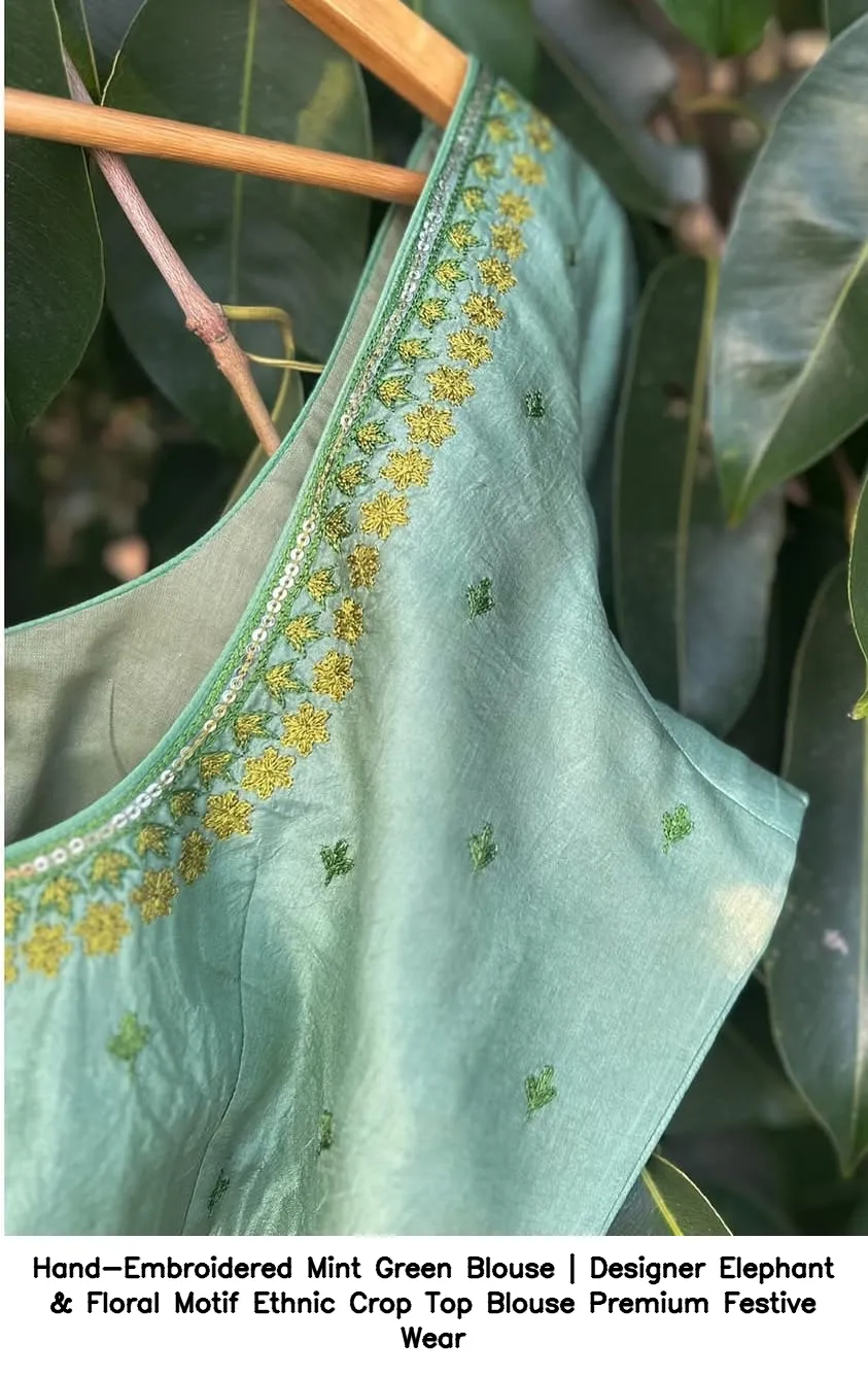 Hand-Embroidered Mint Green Blouse | Designer Elephant & Floral Motif Ethnic Crop Top  Blouse  Premium Festive Wear 2