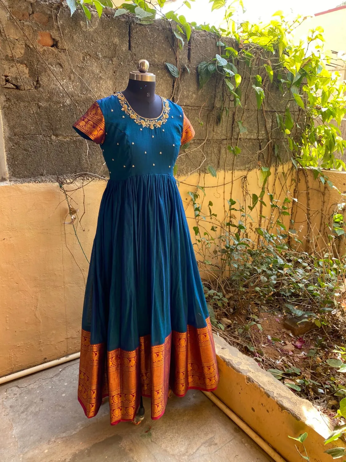 Hand Embroidered Saree Border Long Frock | Traditional Anarkali Gown
