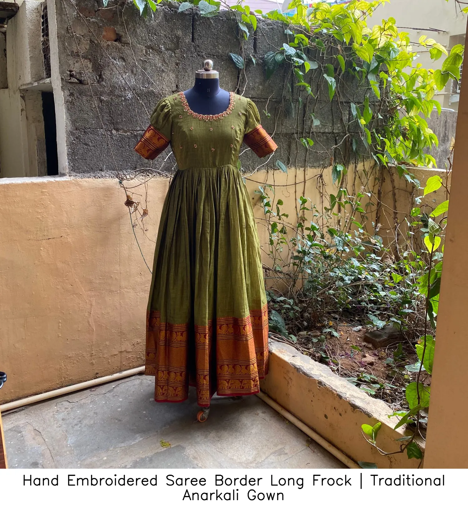 Hand Embroidered Saree Border Long Frock | Traditional Anarkali Gown 3