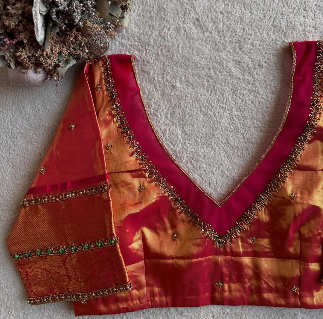 Handcrafted Deep V-Neck Maggam Work Silk Blouse | Designer Bridal Embroidery 1